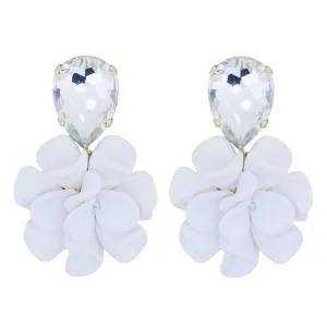 Mediterranean White Dahlia Dangle Drop Crystal Earrings - Gemini