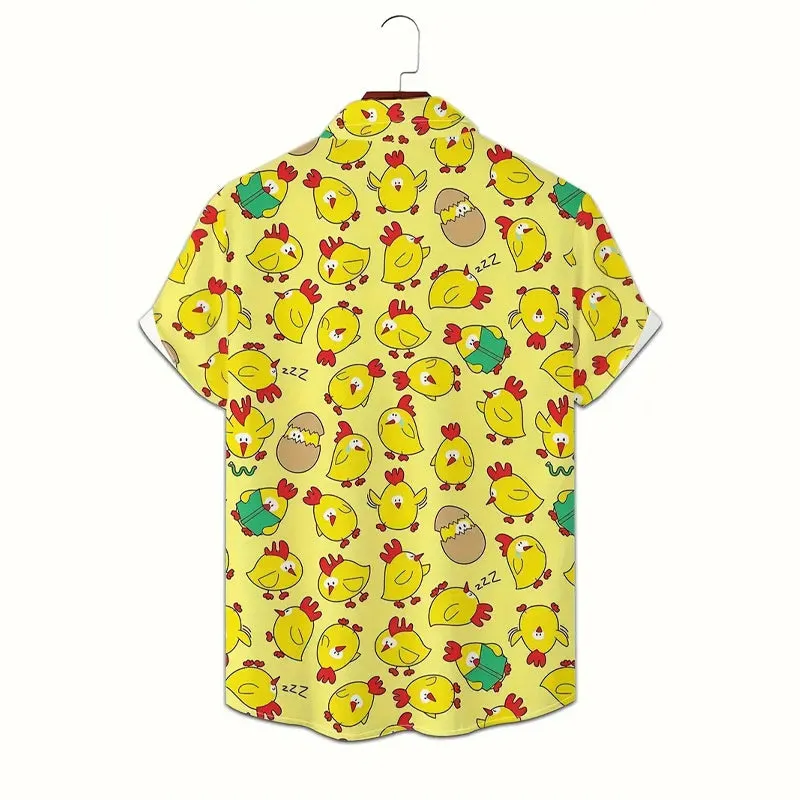 Mens Vibrant Cartoon Chicken Geometric Pattern Short Sleeve Lapel Shirt