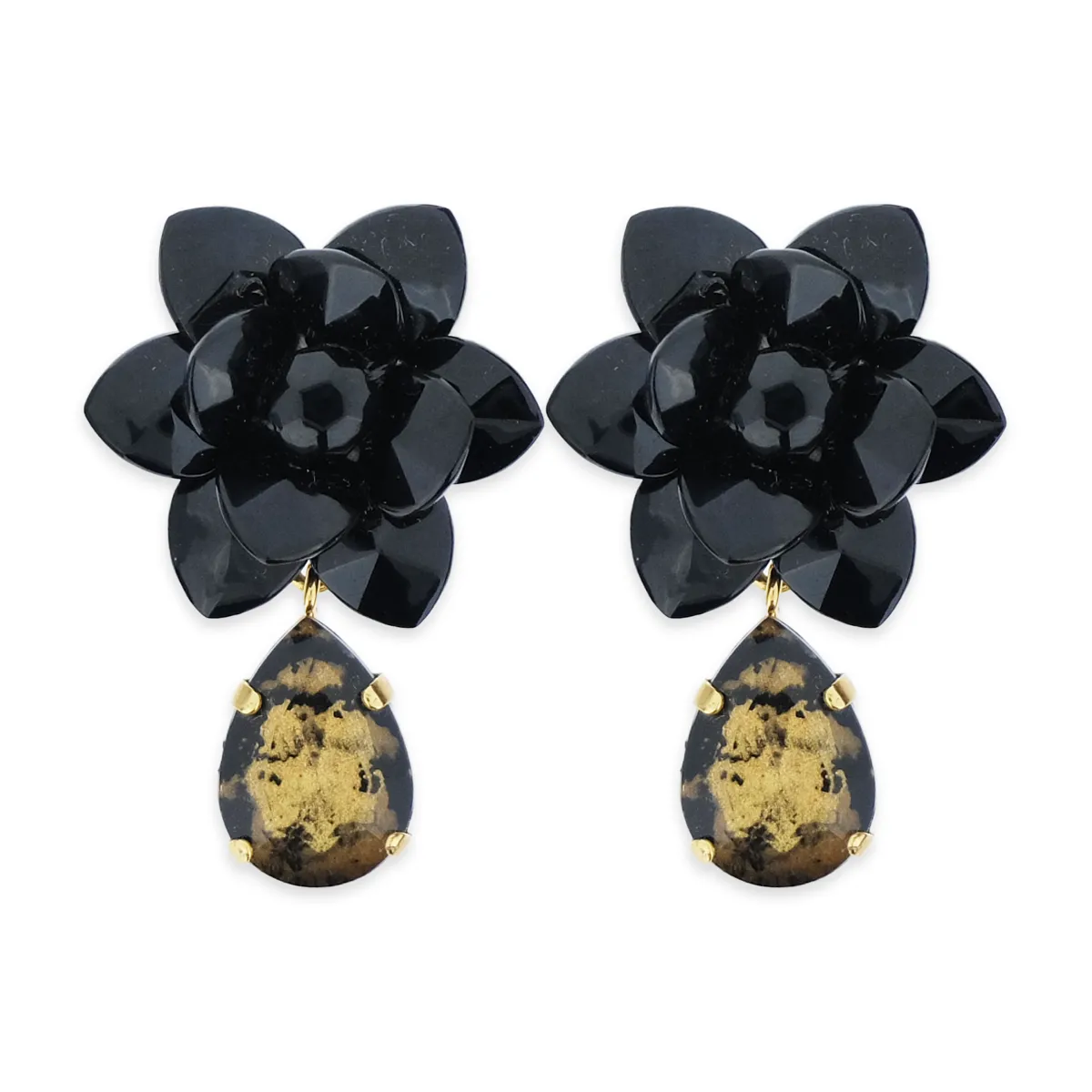 Midnight Gala Black Lily Earrings Laquer Effect - Hand painted Resin Drop Golden Pattern