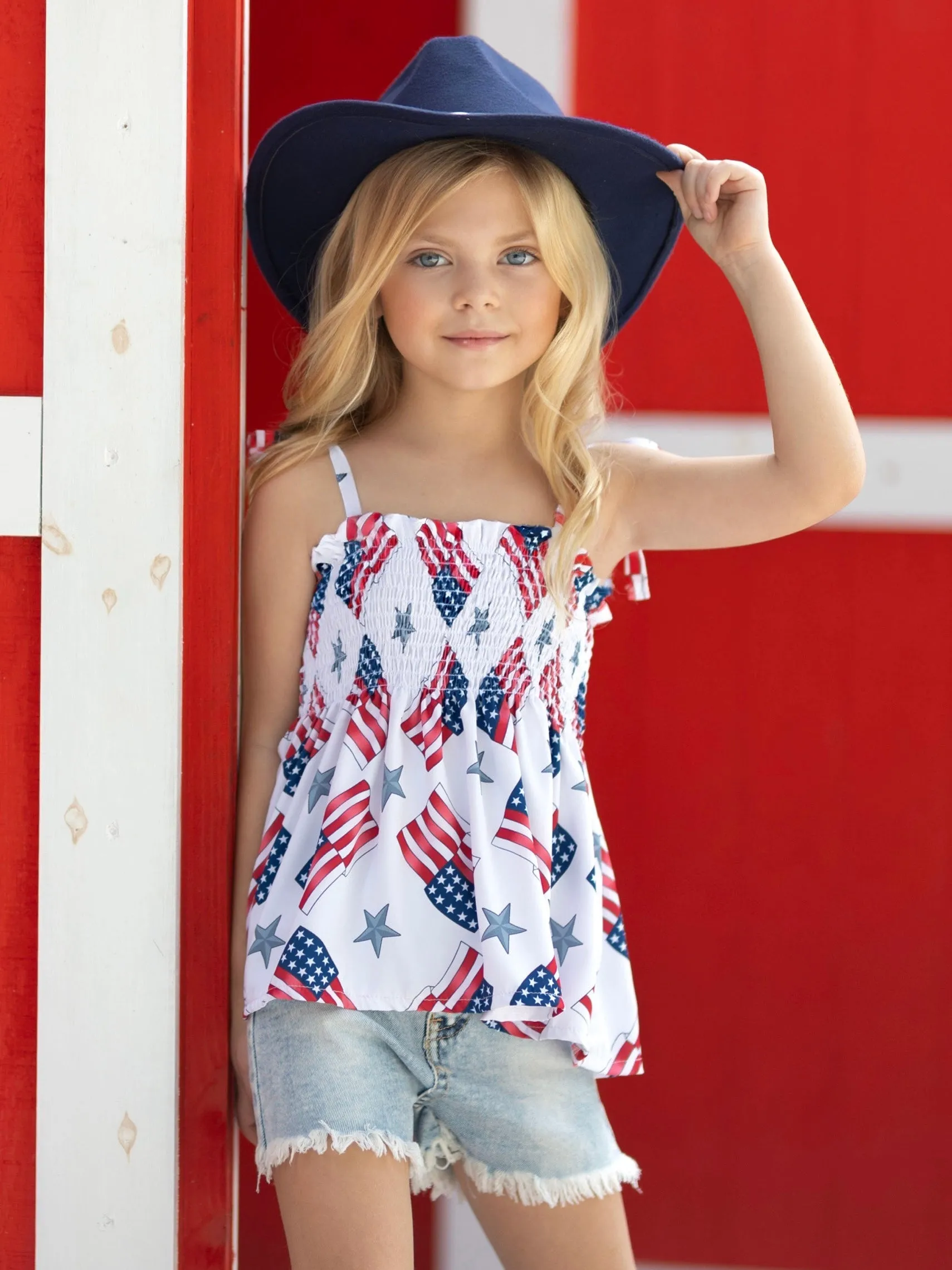 Miss Liberty Smocked Tie Shoulder Top and Denim Short Set