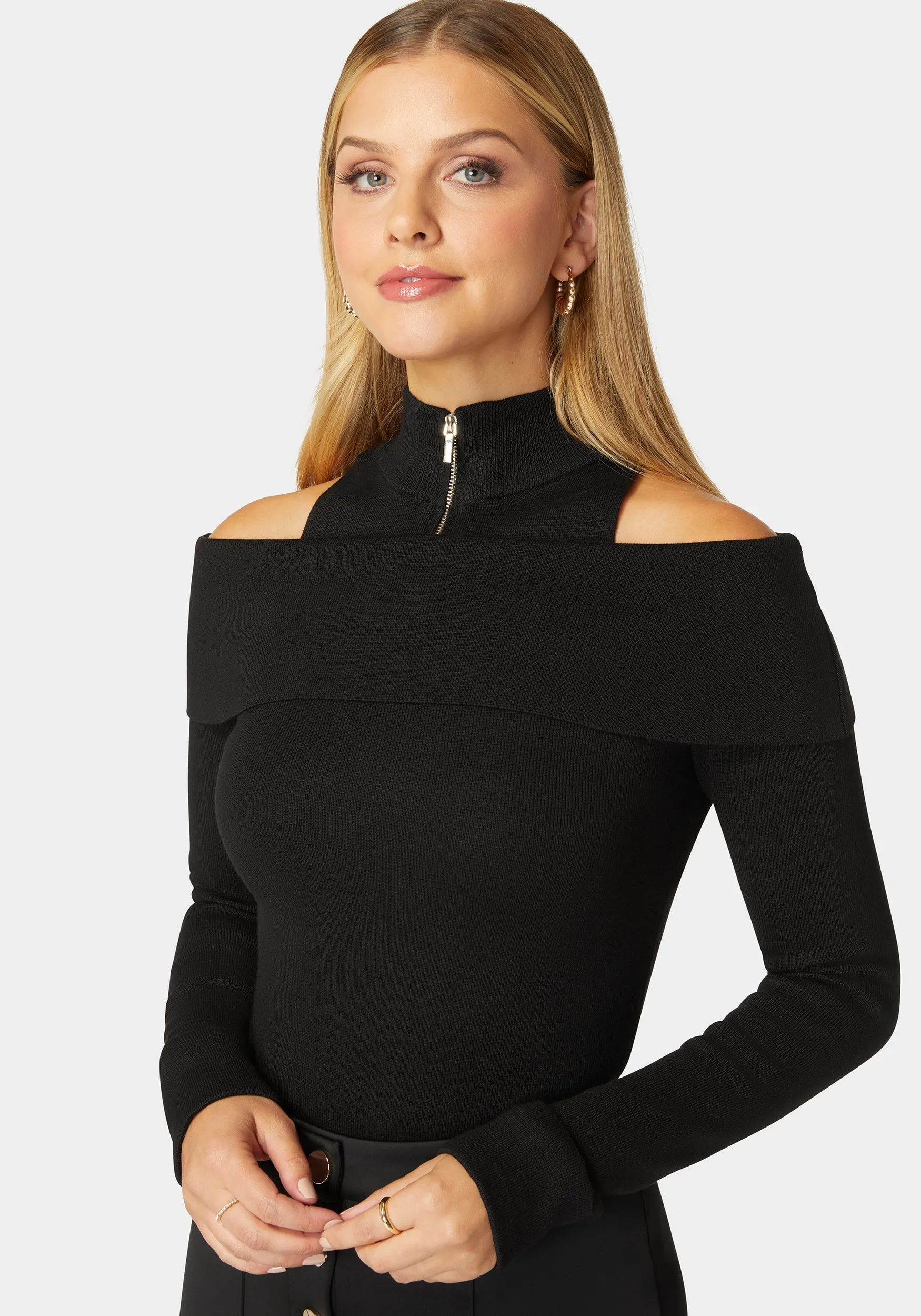 Mock Neck Zip Detail Cold Shoulder Sweater