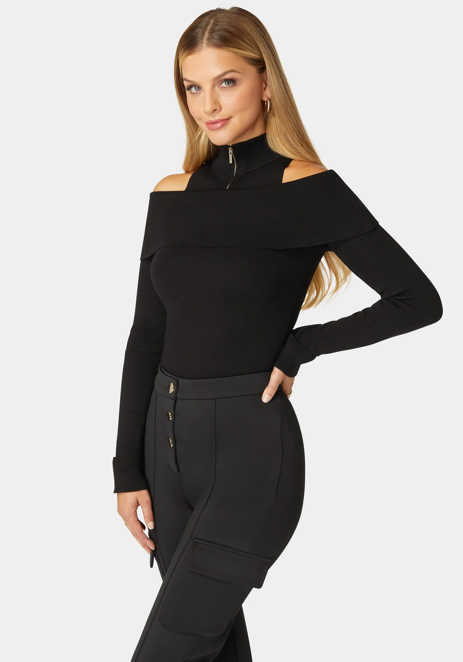 Mock Neck Zip Detail Cold Shoulder Sweater