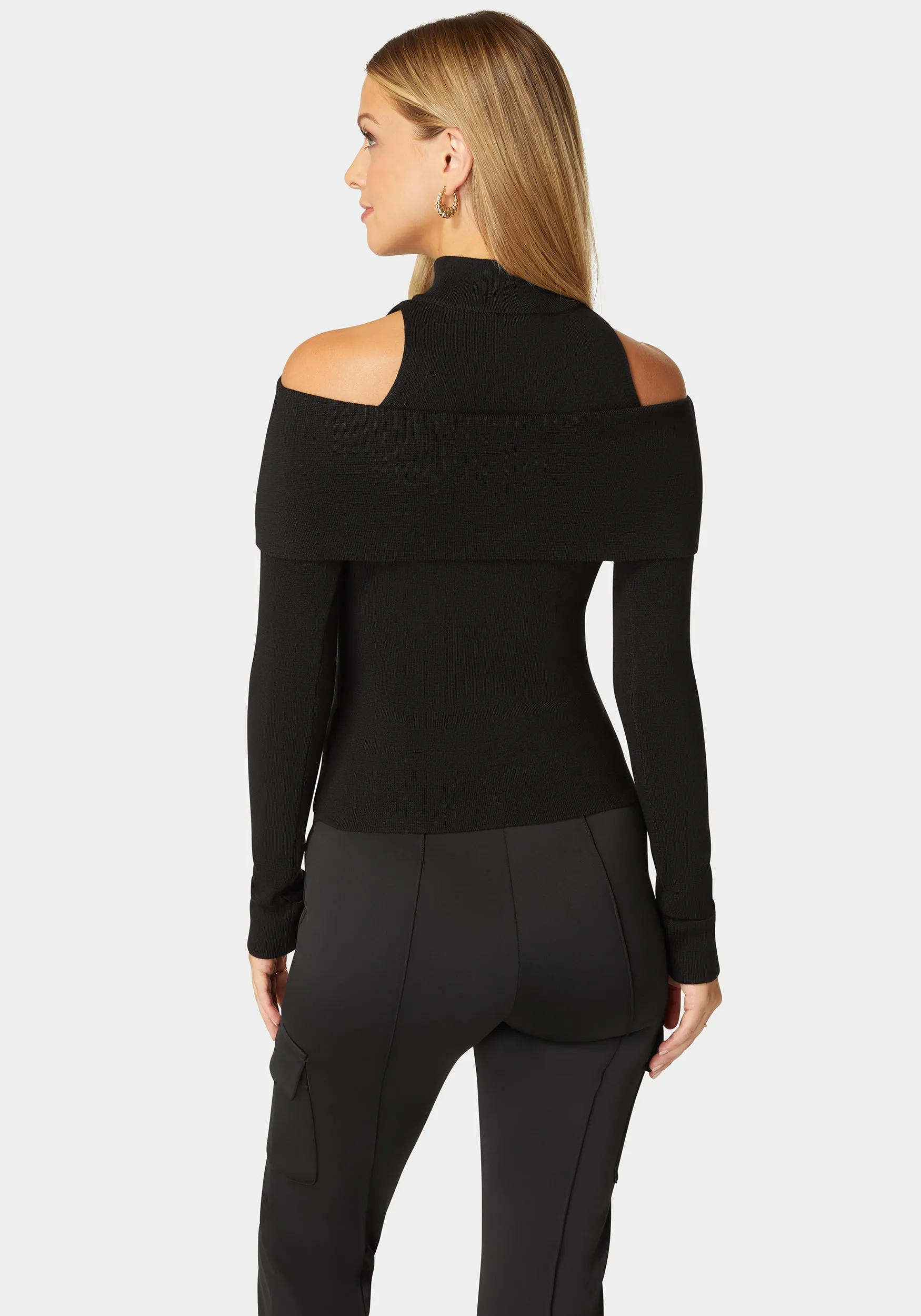 Mock Neck Zip Detail Cold Shoulder Sweater