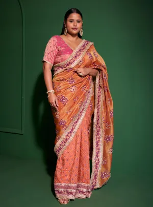Mulmul Lurex Organza   Banarsi Mohra Orange Saree