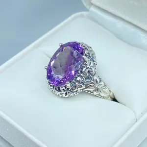 Natural Amethyst Butterfly Ring, Size 9, Oval Gemstone, Art Nouveau Vintage Ring, D79 - Ready to Ship