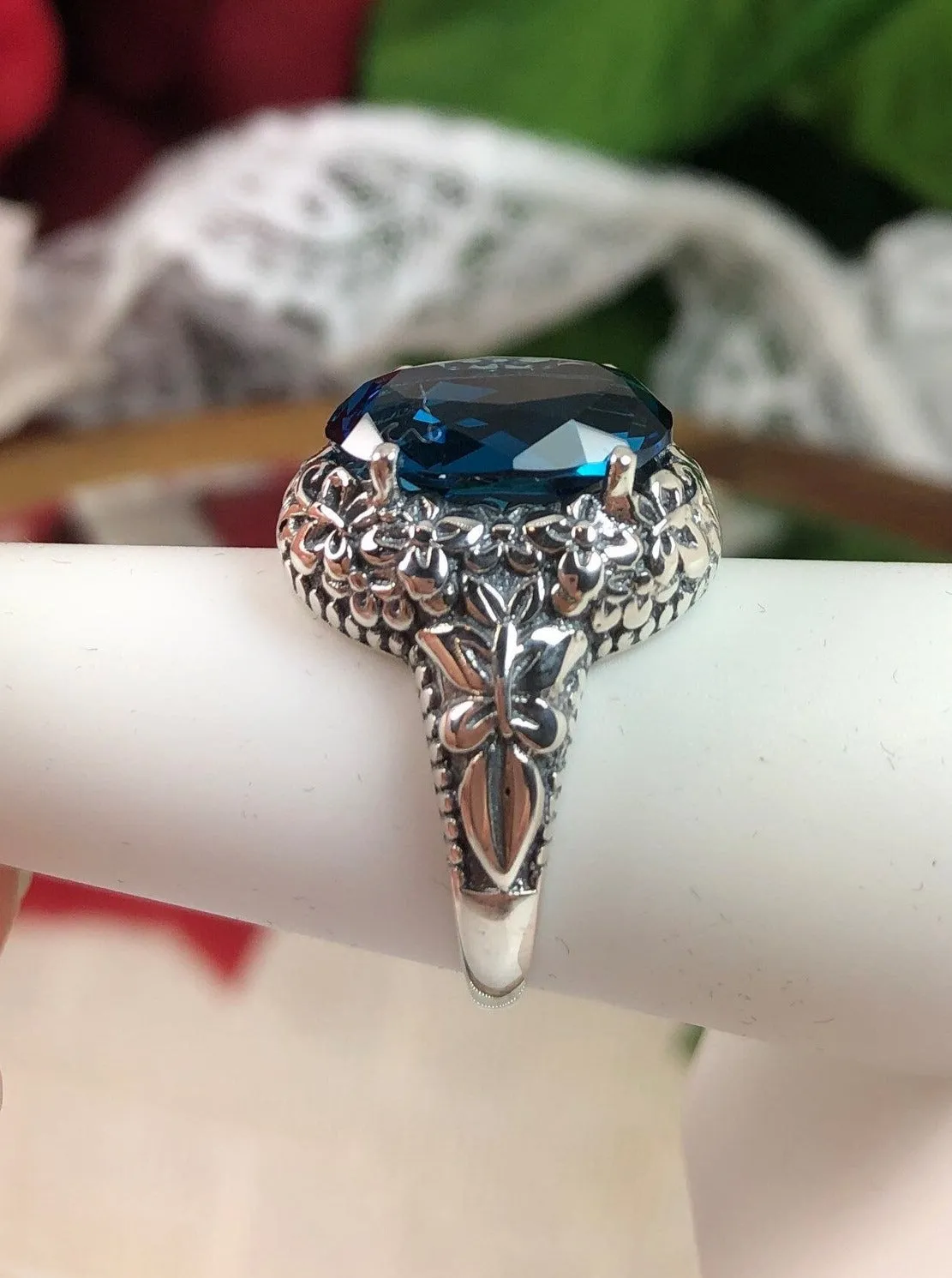 Natural London Blue Butterfly Ring, Oval Gemstone, Art Nouveau Vintage Ring, D79