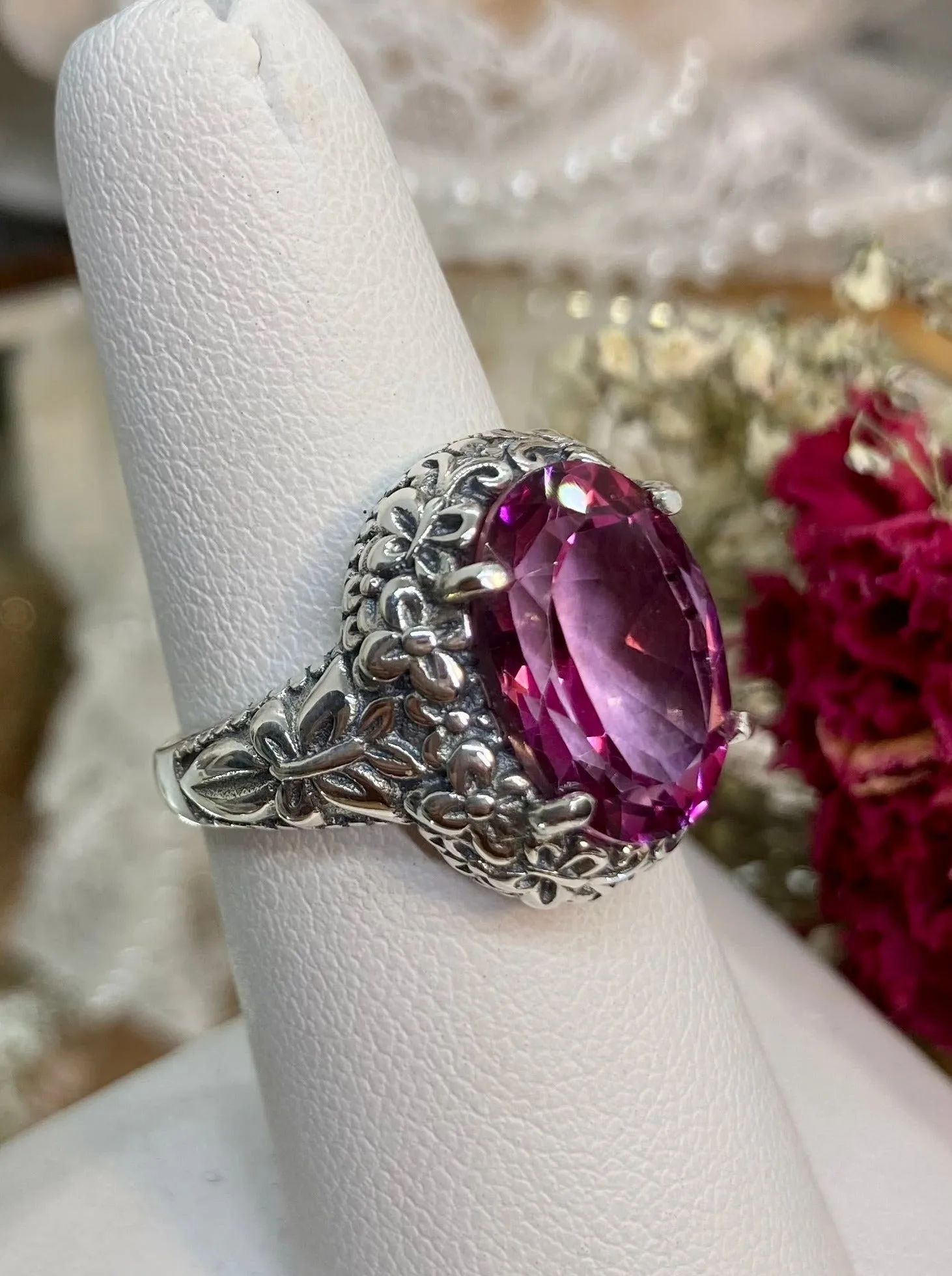 Natural Pink Topaz Butterfly Ring, Oval Gemstone, Art Nouveau Vintage Ring, D79