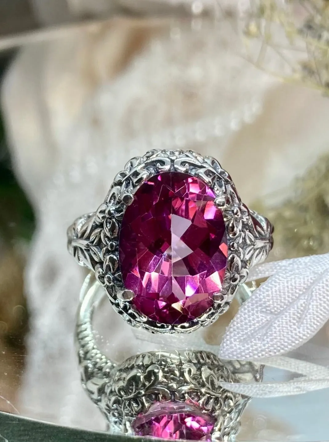 Natural Pink Topaz Butterfly Ring, Oval Gemstone, Art Nouveau Vintage Ring, D79