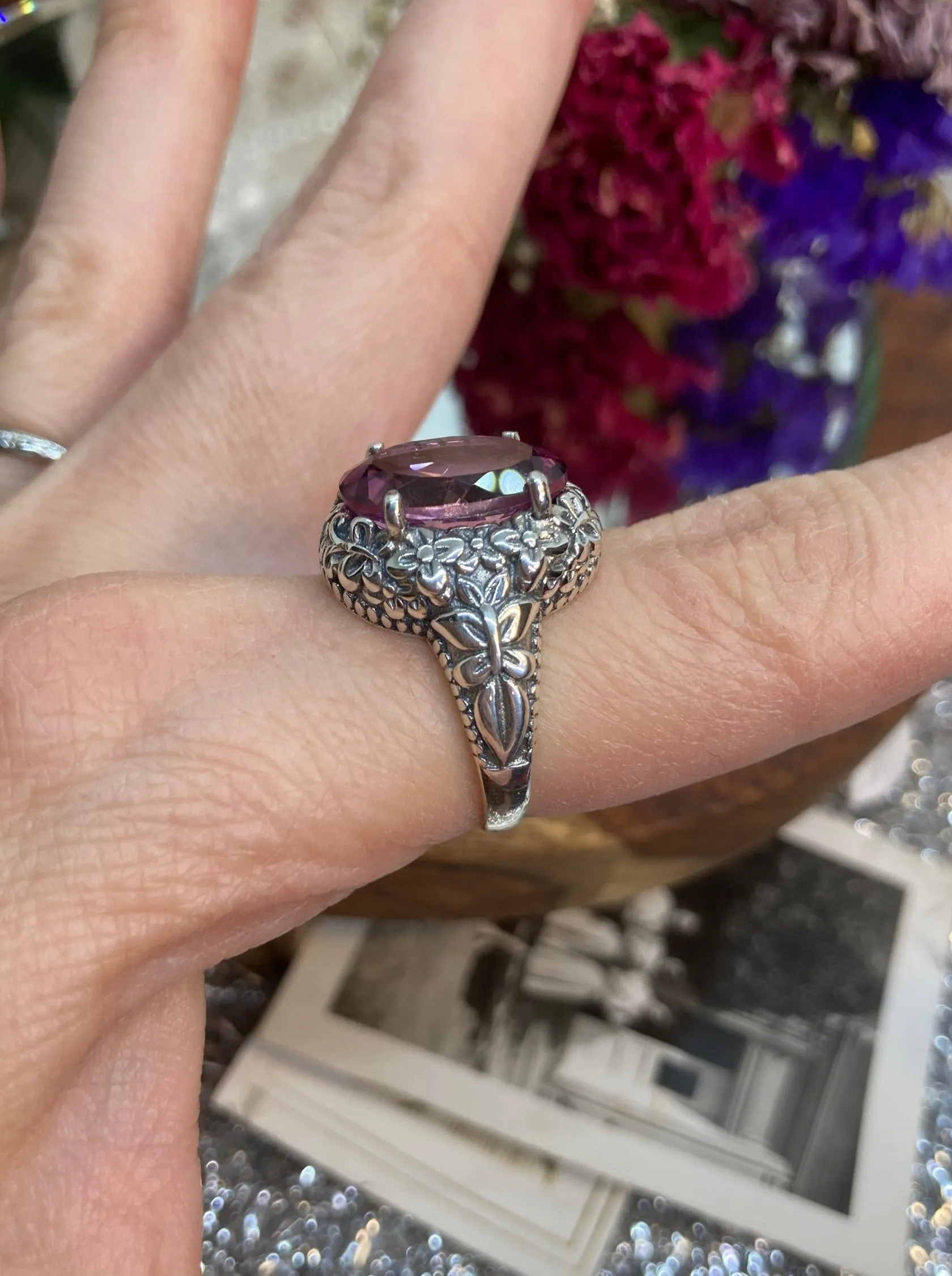 Natural Pink Topaz Butterfly Ring, Oval Gemstone, Art Nouveau Vintage Ring, D79