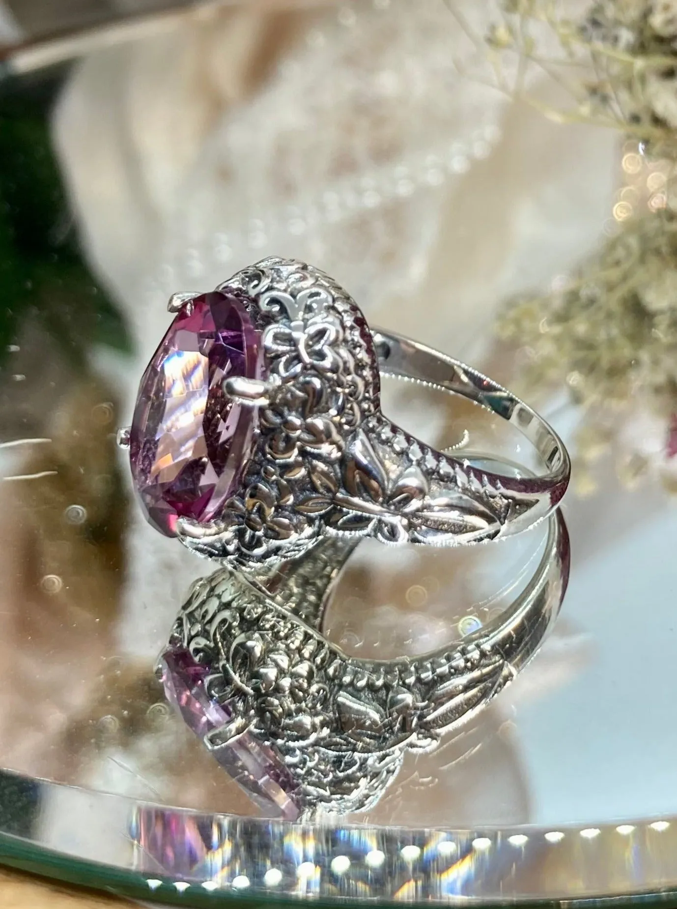 Natural Pink Topaz Butterfly Ring, Oval Gemstone, Art Nouveau Vintage Ring, D79