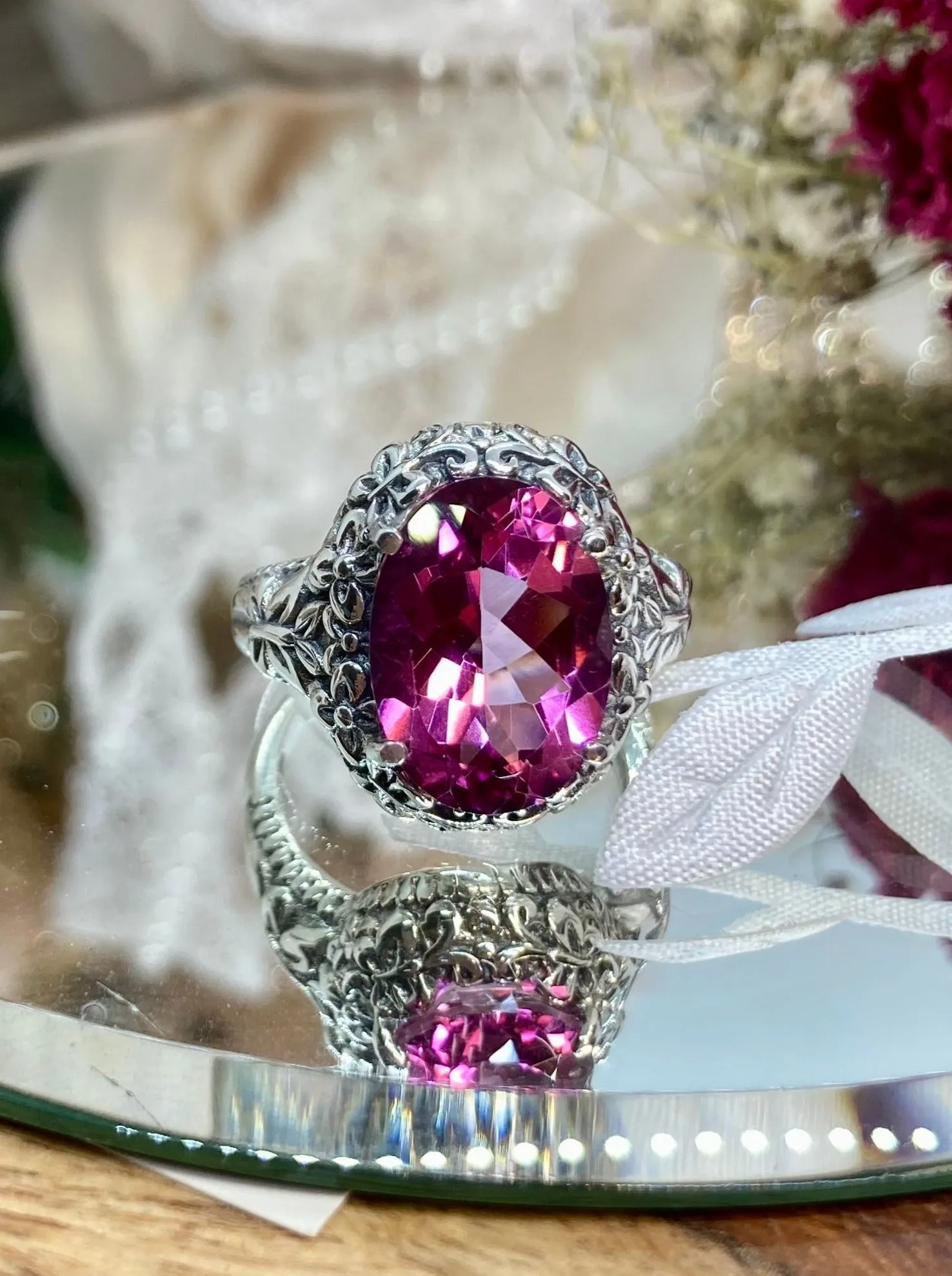 Natural Pink Topaz Butterfly Ring, Oval Gemstone, Art Nouveau Vintage Ring, D79