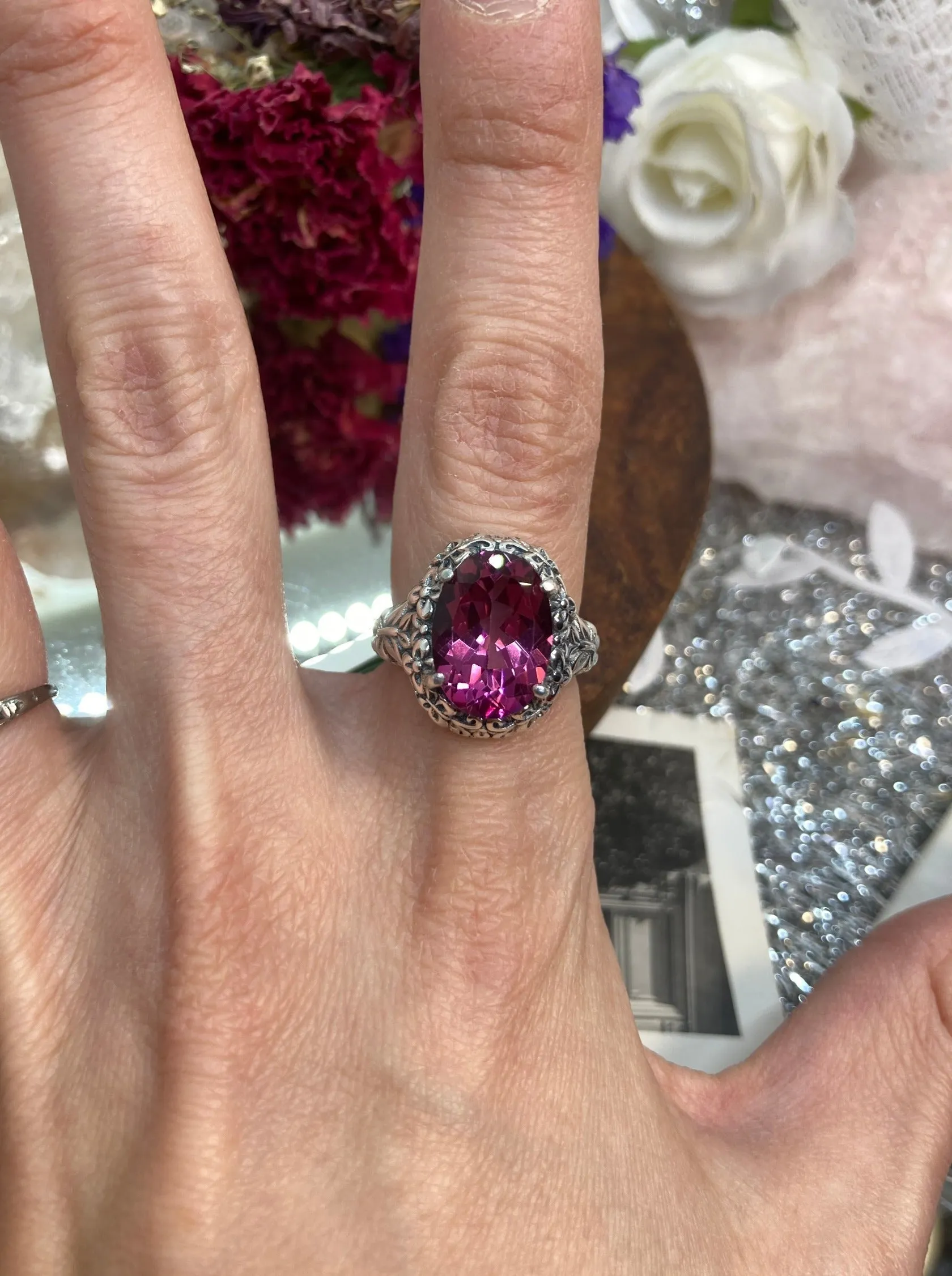 Natural Pink Topaz Butterfly Ring, Size 6, Oval Gemstone, Art Nouveau Vintage Ring, D79