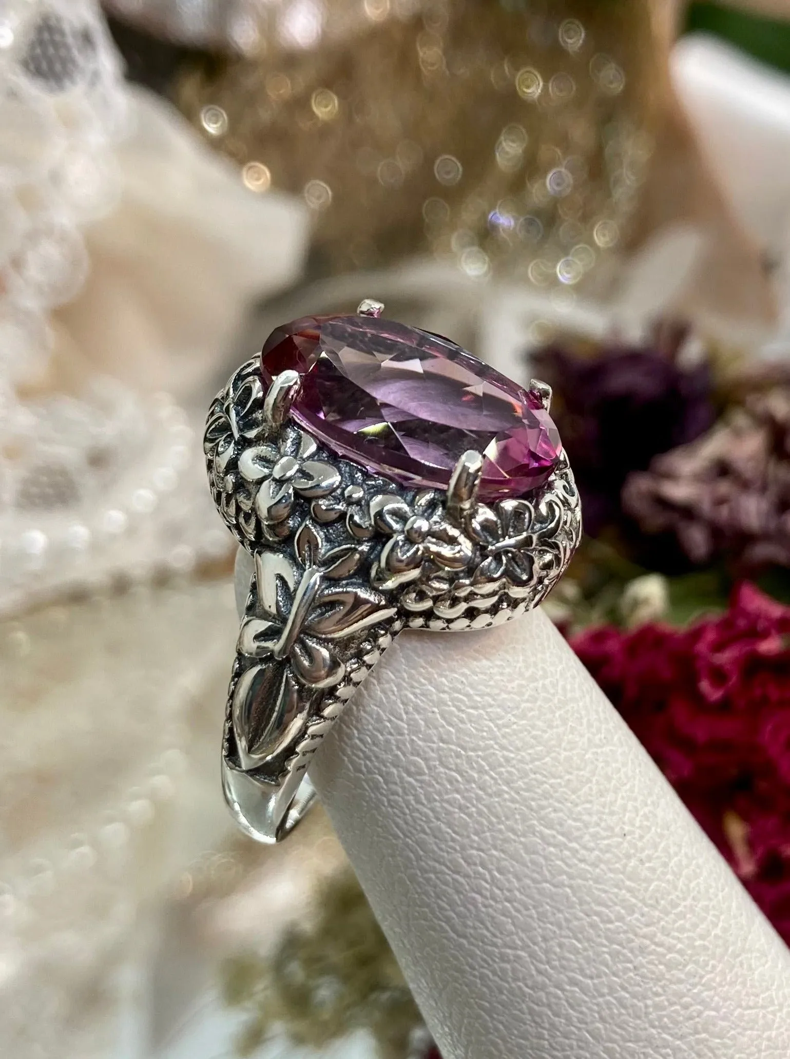 Natural Pink Topaz Butterfly Ring, Size 8, Oval Gemstone, Art Nouveau Vintage Ring, D79