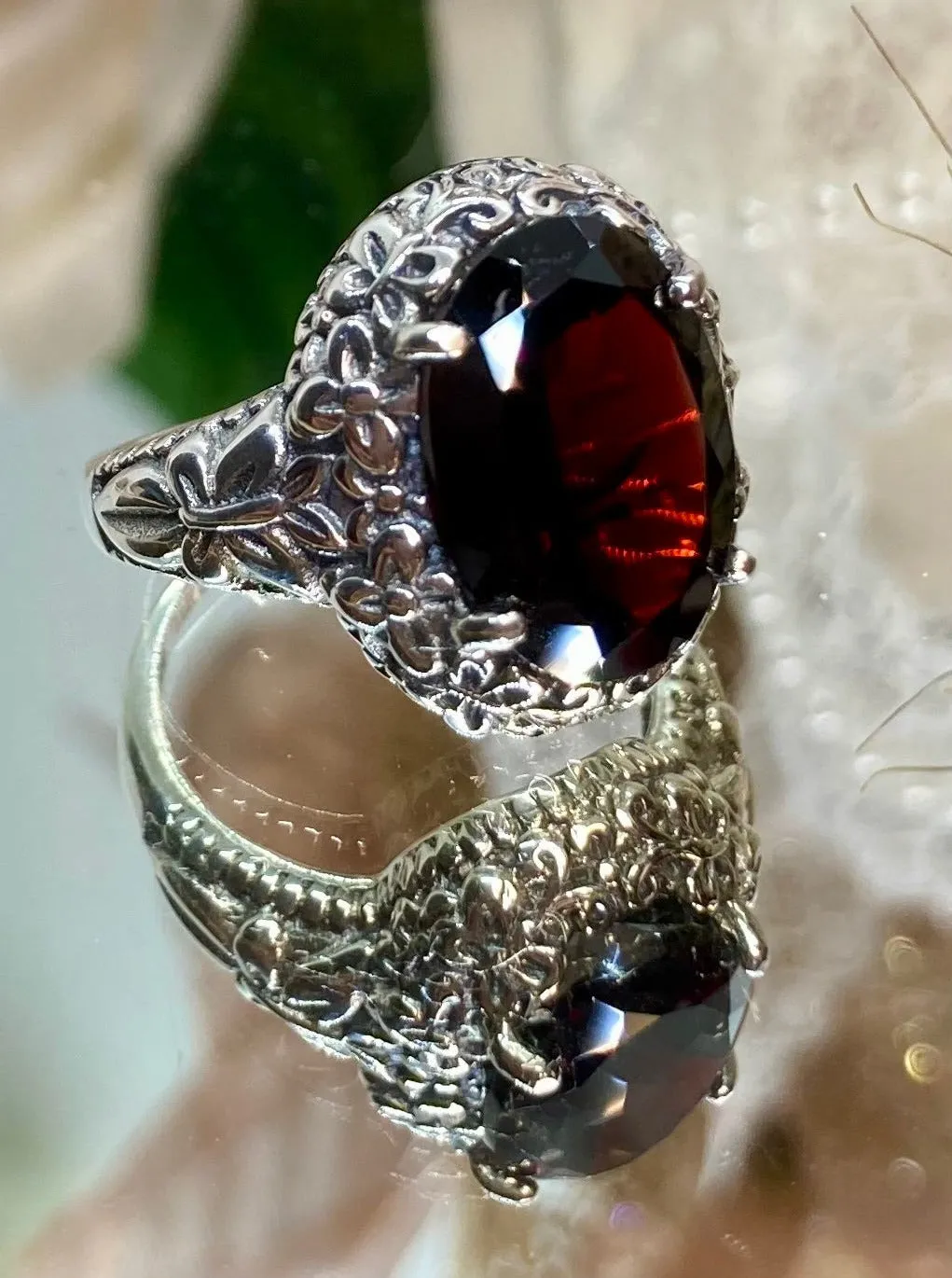 Natural Red Garnet Butterfly Ring, Oval Gemstone, Art Nouveau Vintage Ring, D79