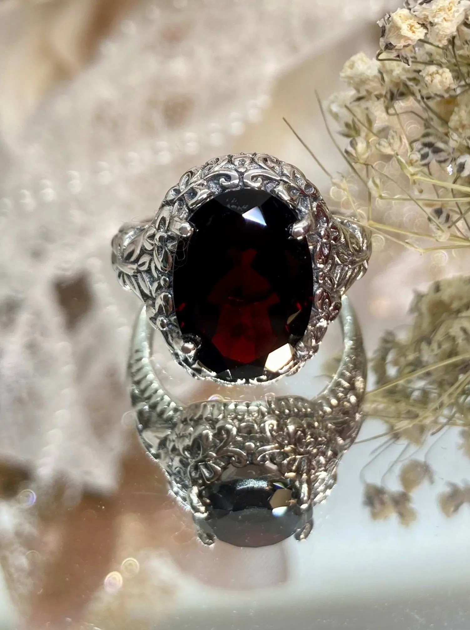 Natural Red Garnet Butterfly Ring, Oval Gemstone, Art Nouveau Vintage Ring, D79