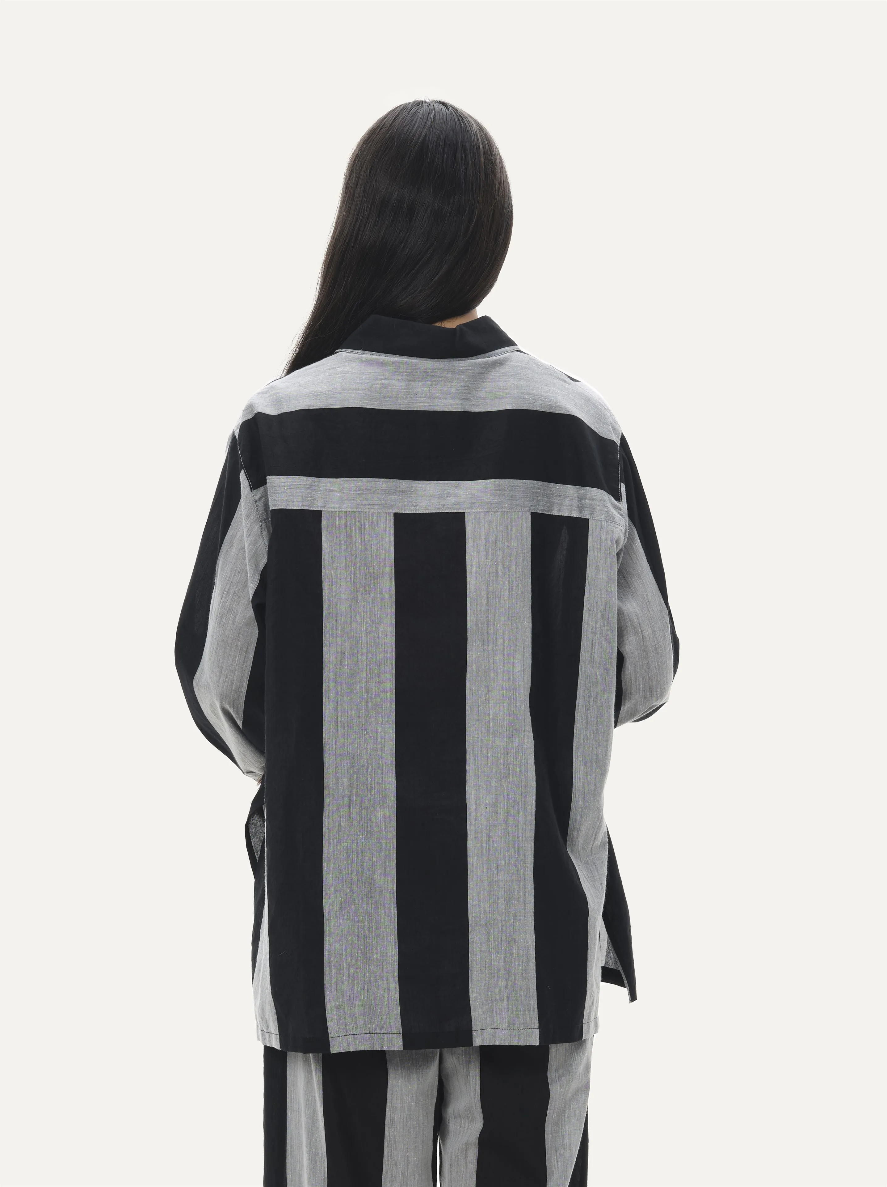 Naushad Ali   I   Button-down shirt - Bold stripe Signature Spring Summer 2025 Black   Smoke Grey Handwoven Silk Cotton NA SS24 W16T