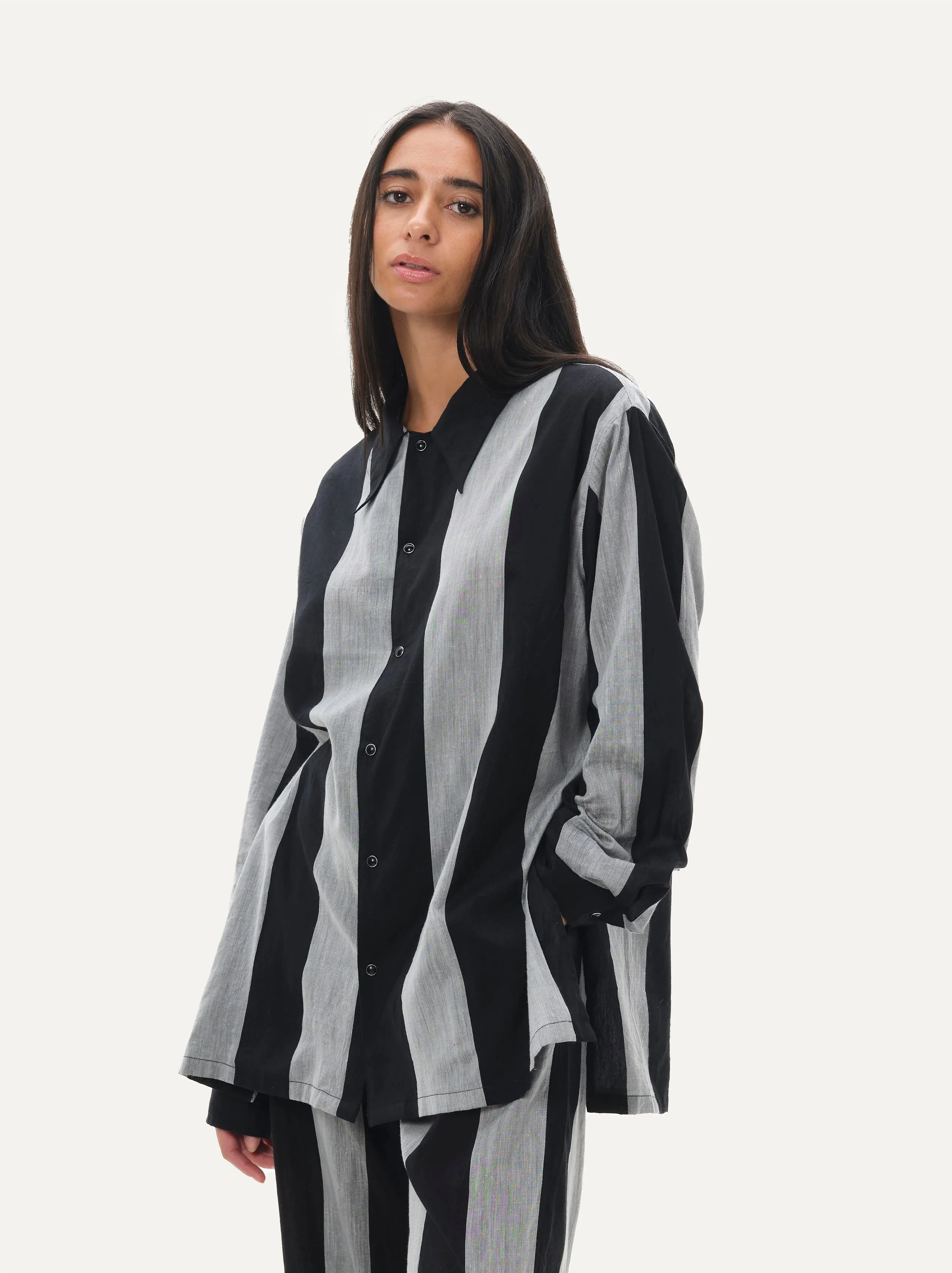 Naushad Ali   I   Button-down shirt - Bold stripe Signature Spring Summer 2025 Black   Smoke Grey Handwoven Silk Cotton NA SS24 W16T
