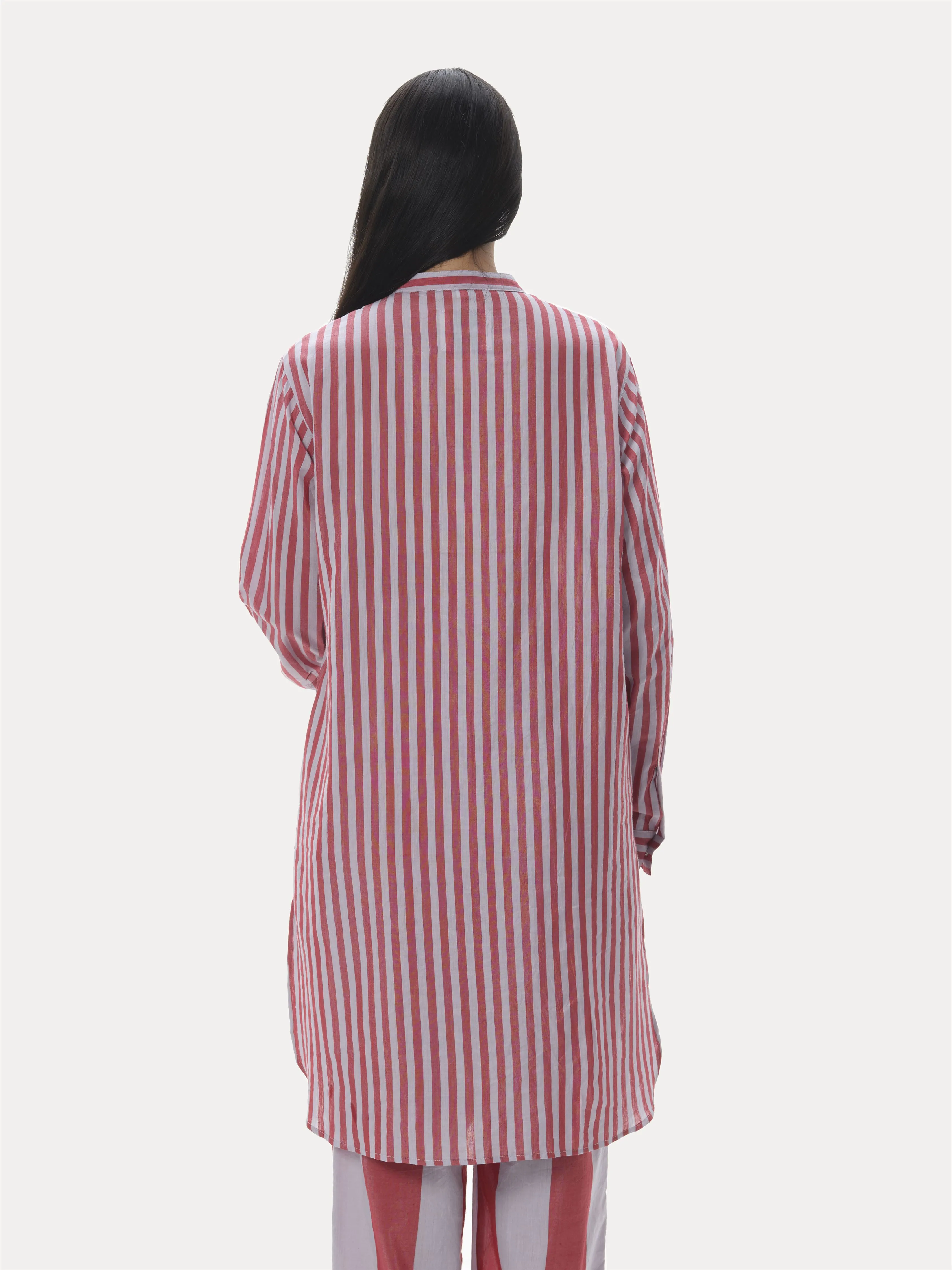 Naushad Ali   I   Temple striped kurta Signature Spring Summer 2025 Lilac   coral red Handwoven Silk cotton NA SS24 W11T