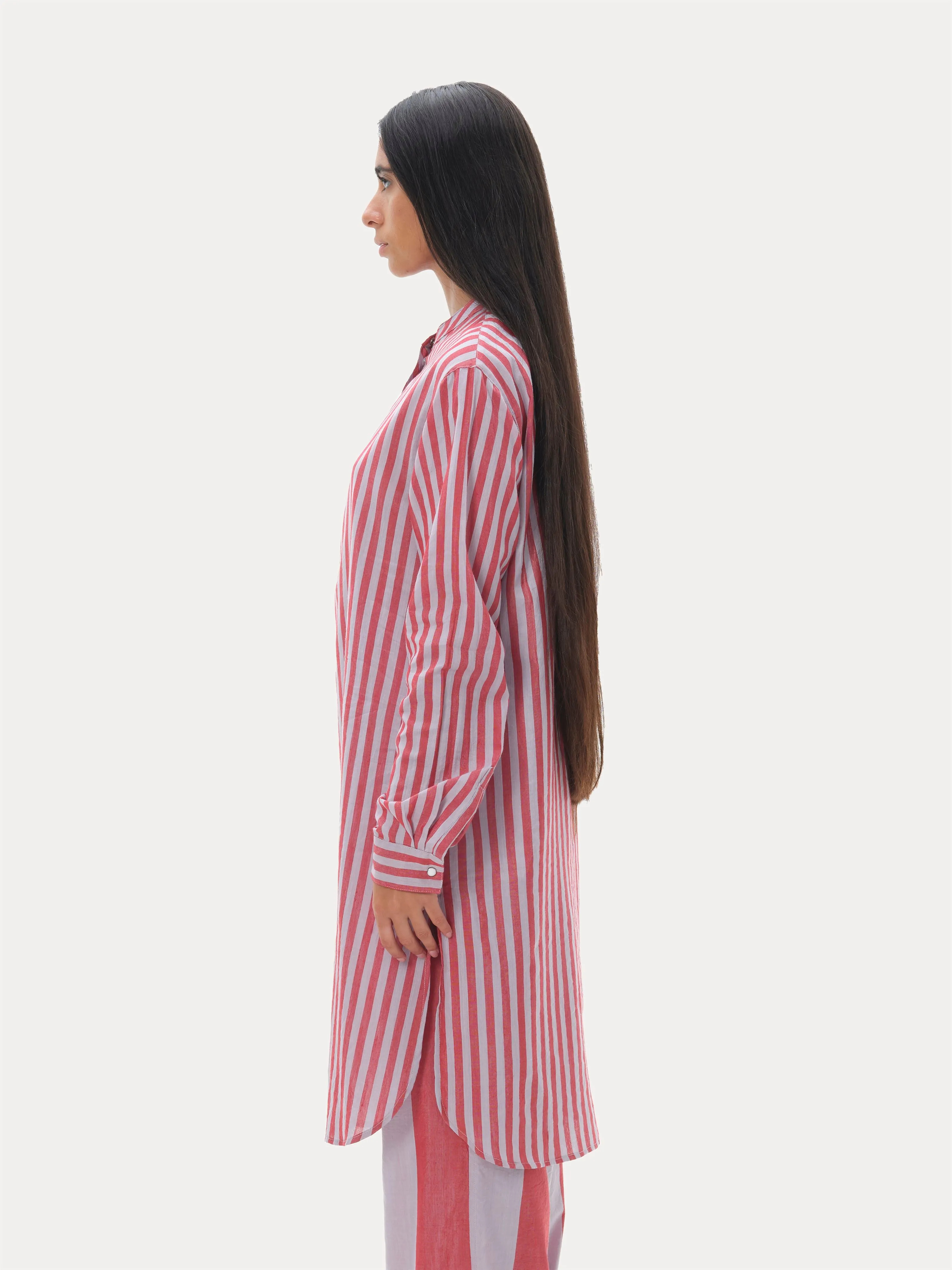 Naushad Ali   I   Temple striped kurta Signature Spring Summer 2025 Lilac   coral red Handwoven Silk cotton NA SS24 W11T