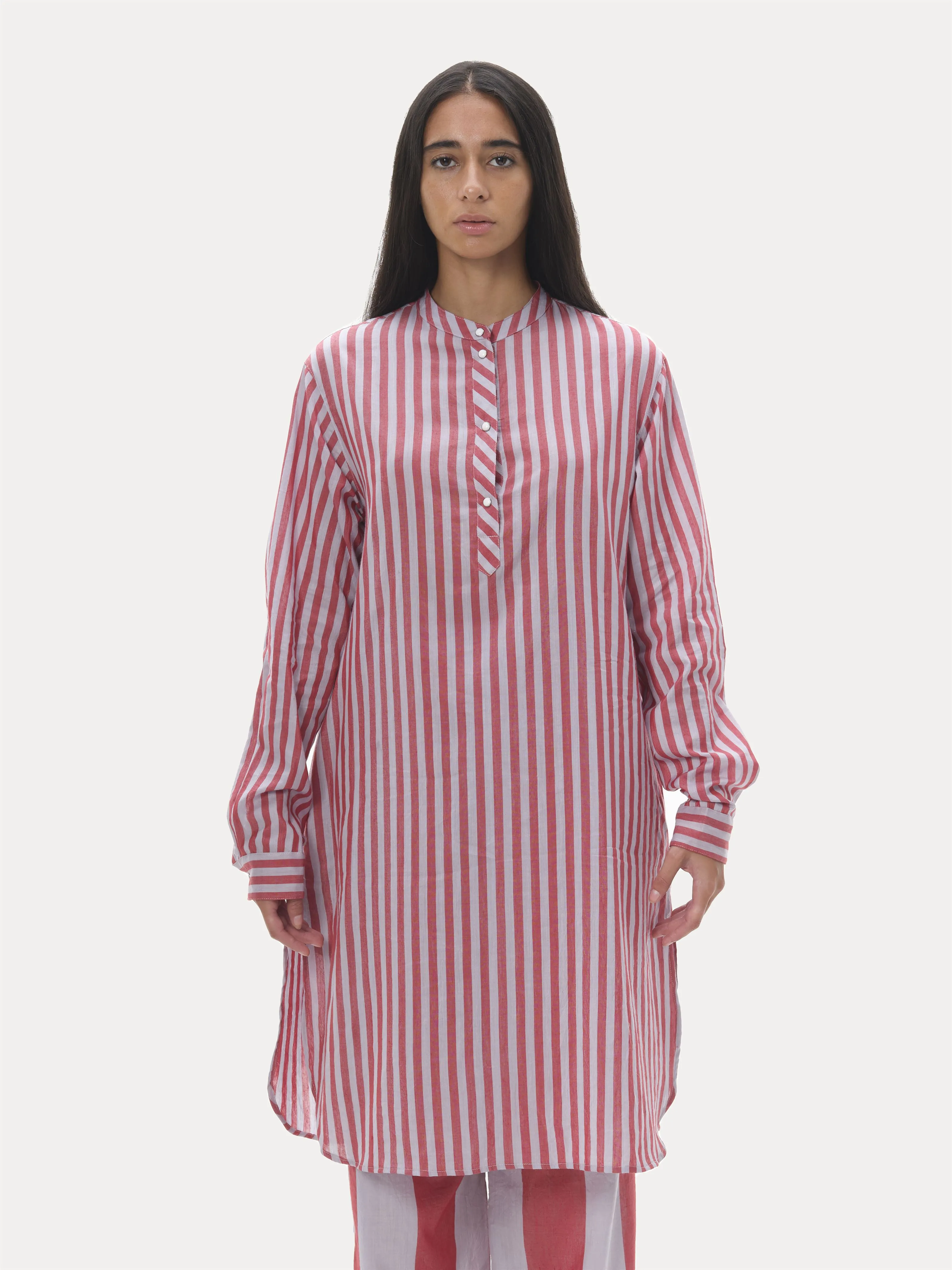 Naushad Ali   I   Temple striped kurta Signature Spring Summer 2025 Lilac   coral red Handwoven Silk cotton NA SS24 W11T