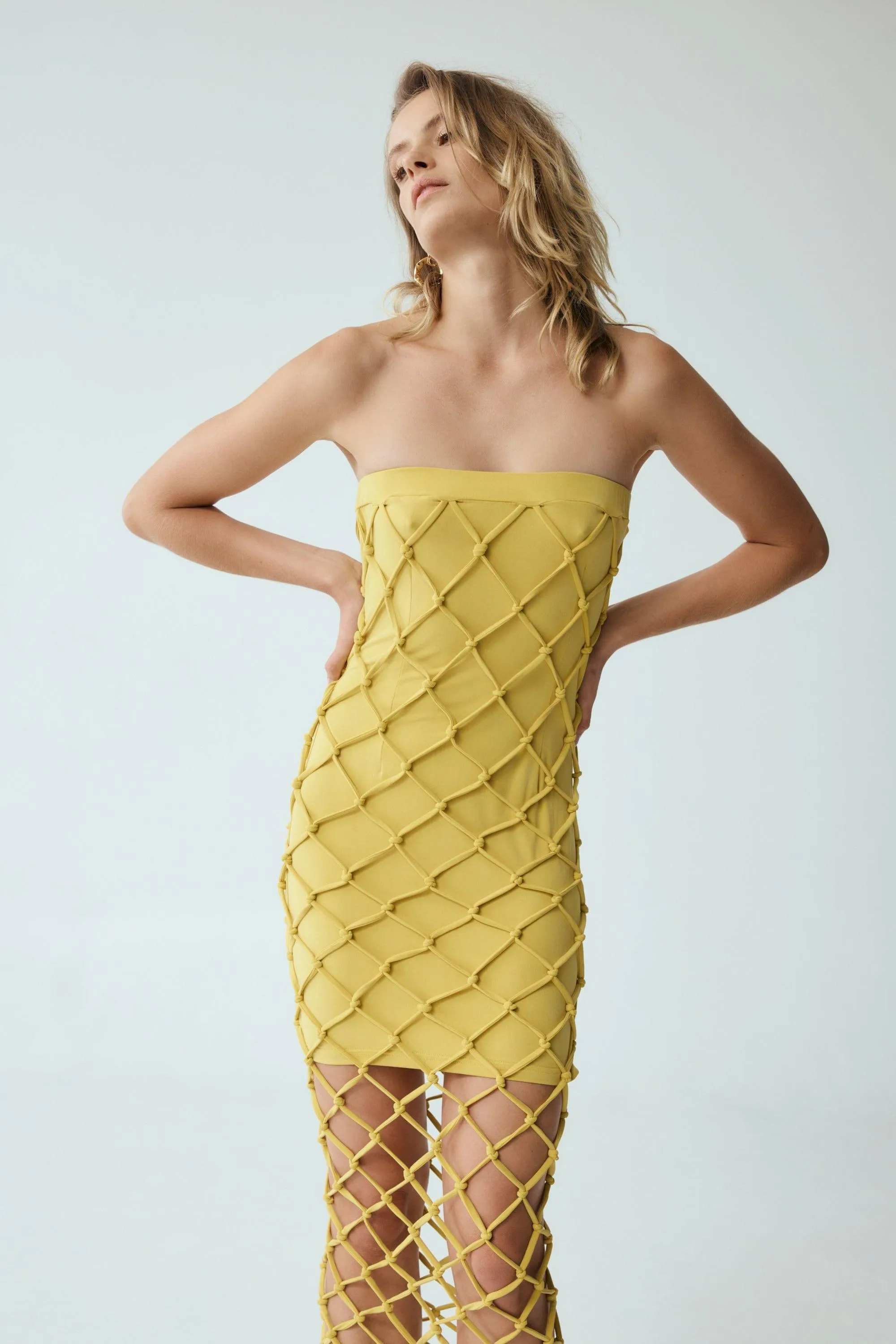 NET STRAPLESS DRESS | MELLOW YELLOW