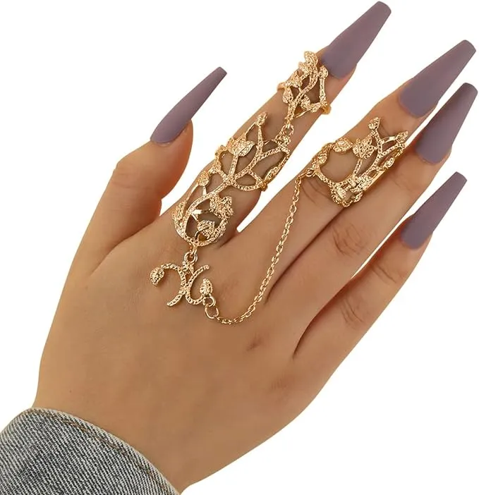 New Full Finger Ring for Women Dainty Leaf Charm Finger Ring Knuckle Open Long Finger Ring Adjustable Statement Rings Jewelry for Women and Girls, Gold, Metal