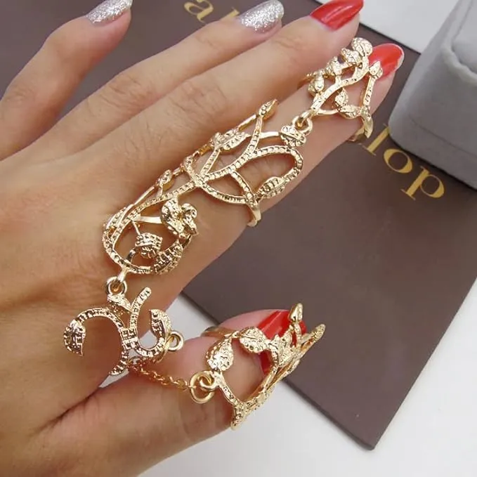 New Full Finger Ring for Women Dainty Leaf Charm Finger Ring Knuckle Open Long Finger Ring Adjustable Statement Rings Jewelry for Women and Girls, Gold, Metal