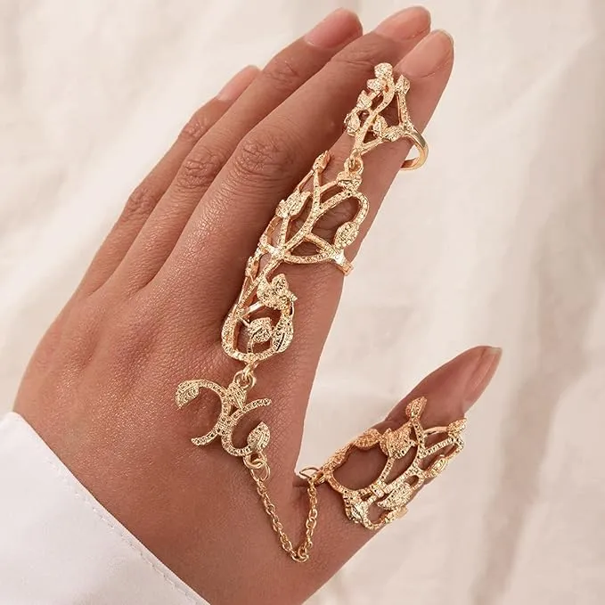 New Full Finger Ring for Women Dainty Leaf Charm Finger Ring Knuckle Open Long Finger Ring Adjustable Statement Rings Jewelry for Women and Girls, Gold, Metal