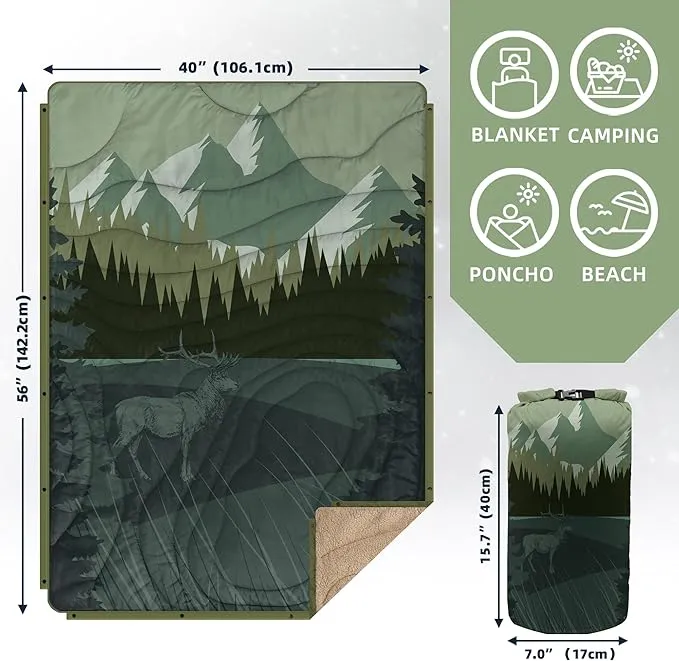 Outdoor Camping Blanket with Sherpa Lining, Extra Warm Thick Camp Blankets & Puffy Ultralight Soft Poncho DWR Camping Quilt for Cold Weather, Adventure,Sleeping,Backpacking 56"x 40"