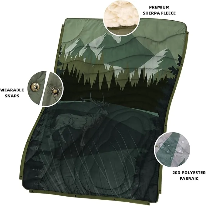 Outdoor Camping Blanket with Sherpa Lining, Extra Warm Thick Camp Blankets & Puffy Ultralight Soft Poncho DWR Camping Quilt for Cold Weather, Adventure,Sleeping,Backpacking 56"x 40"