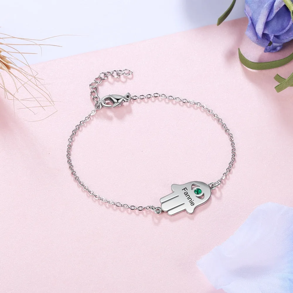 Personalized 1 Name 1 Stone Good Luck Hand Bracelet