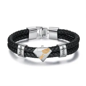 Personalized Engraved Name Black Braided Leather Bracelet For Men