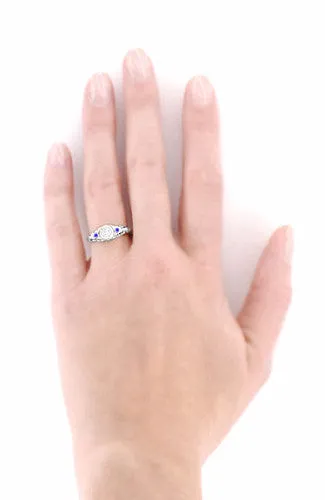 Platinum Art Deco Vintage Engraved Filigree Diamond Engagement Ring with Side Blue Sapphires