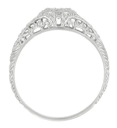 Platinum Art Deco Vintage Engraved Filigree Diamond Engagement Ring with Side Blue Sapphires