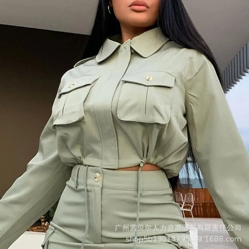 Pockets shirt   skirt green suit