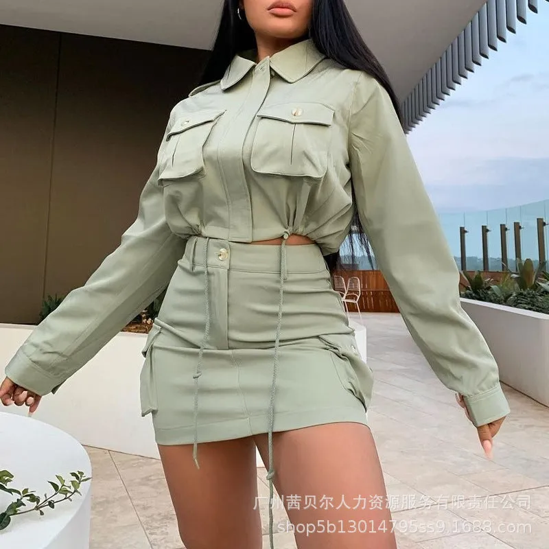 Pockets shirt   skirt green suit