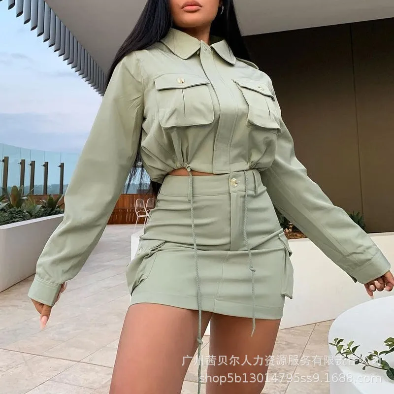 Pockets shirt   skirt green suit
