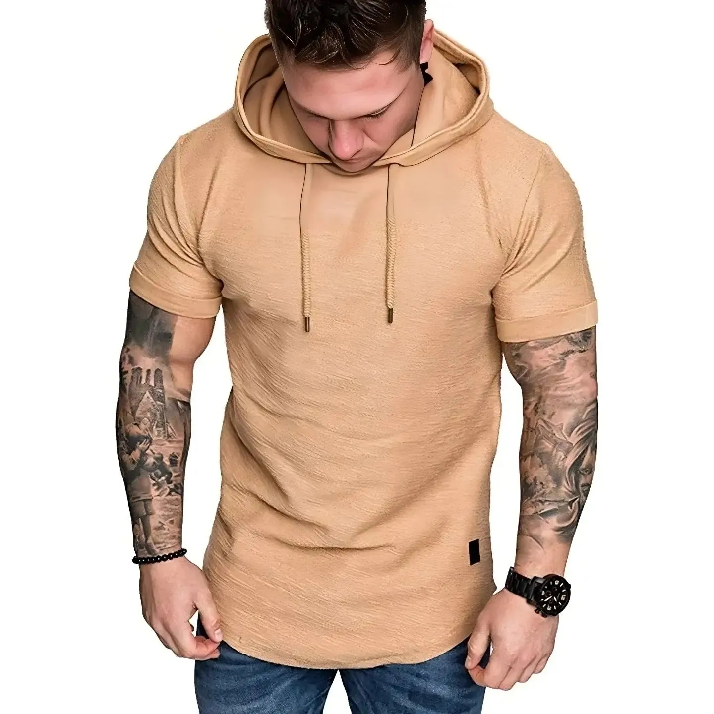 Premium Men’s Short-Sleeve Hoodies: Casual Solid Color Sweatshirts for the Modern Man