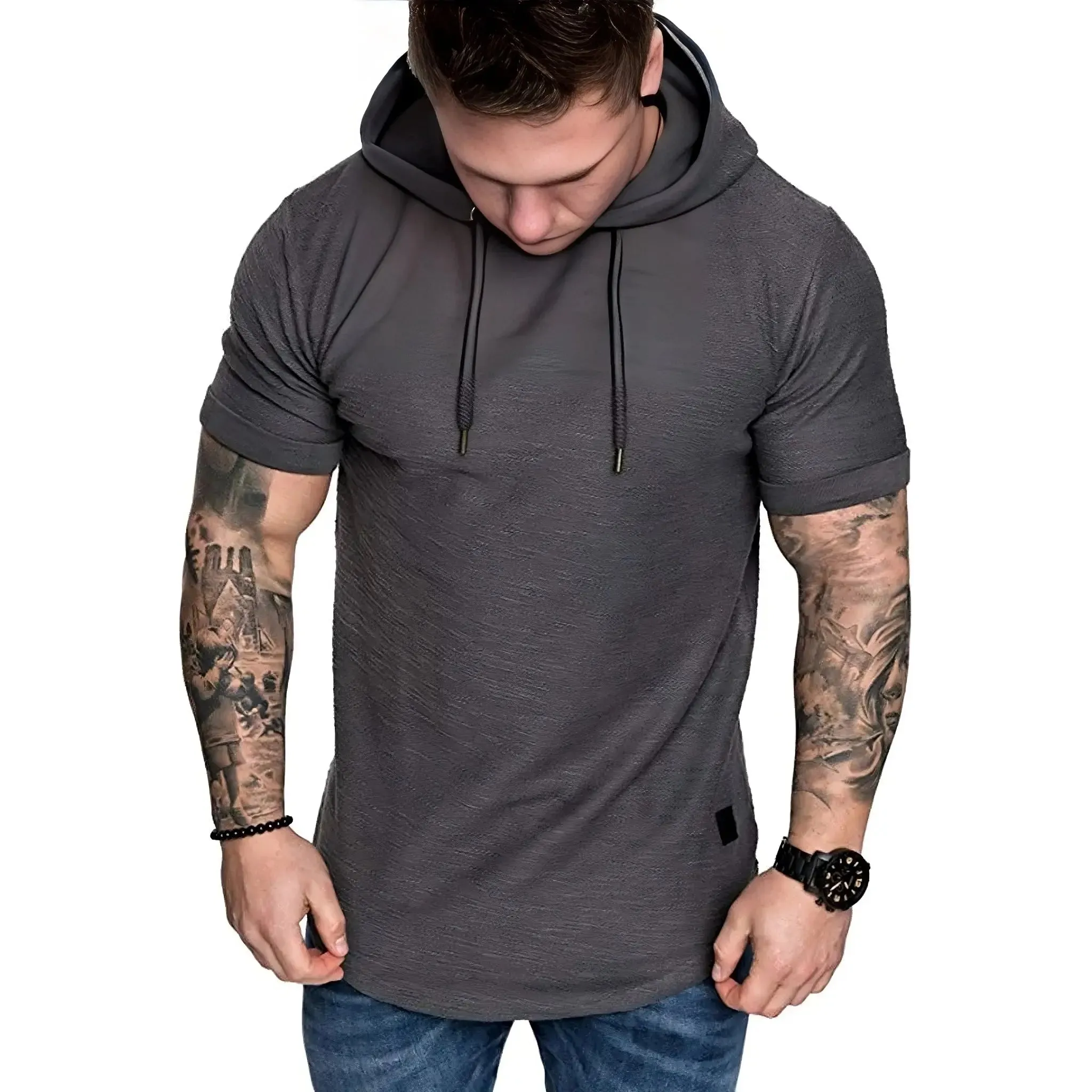 Premium Men’s Short-Sleeve Hoodies: Casual Solid Color Sweatshirts for the Modern Man