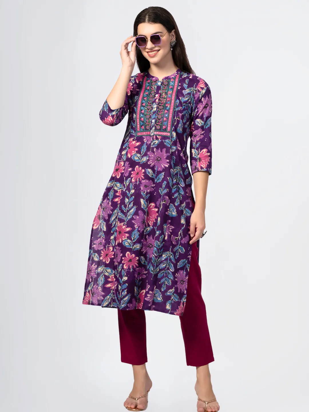 Purple Cotton Printed Kurta with Embroidered Neck and Mirror Work