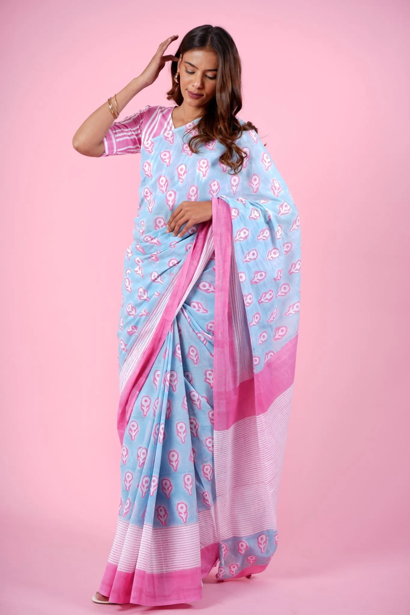 "Mandevilla Pink" HANDBLOCK PRINT MUL COTTON SAREE