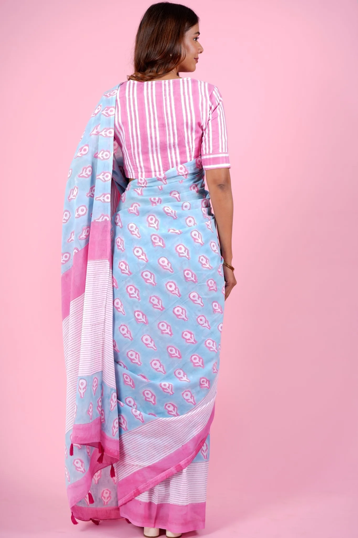 "Mandevilla Pink" HANDBLOCK PRINT MUL COTTON SAREE