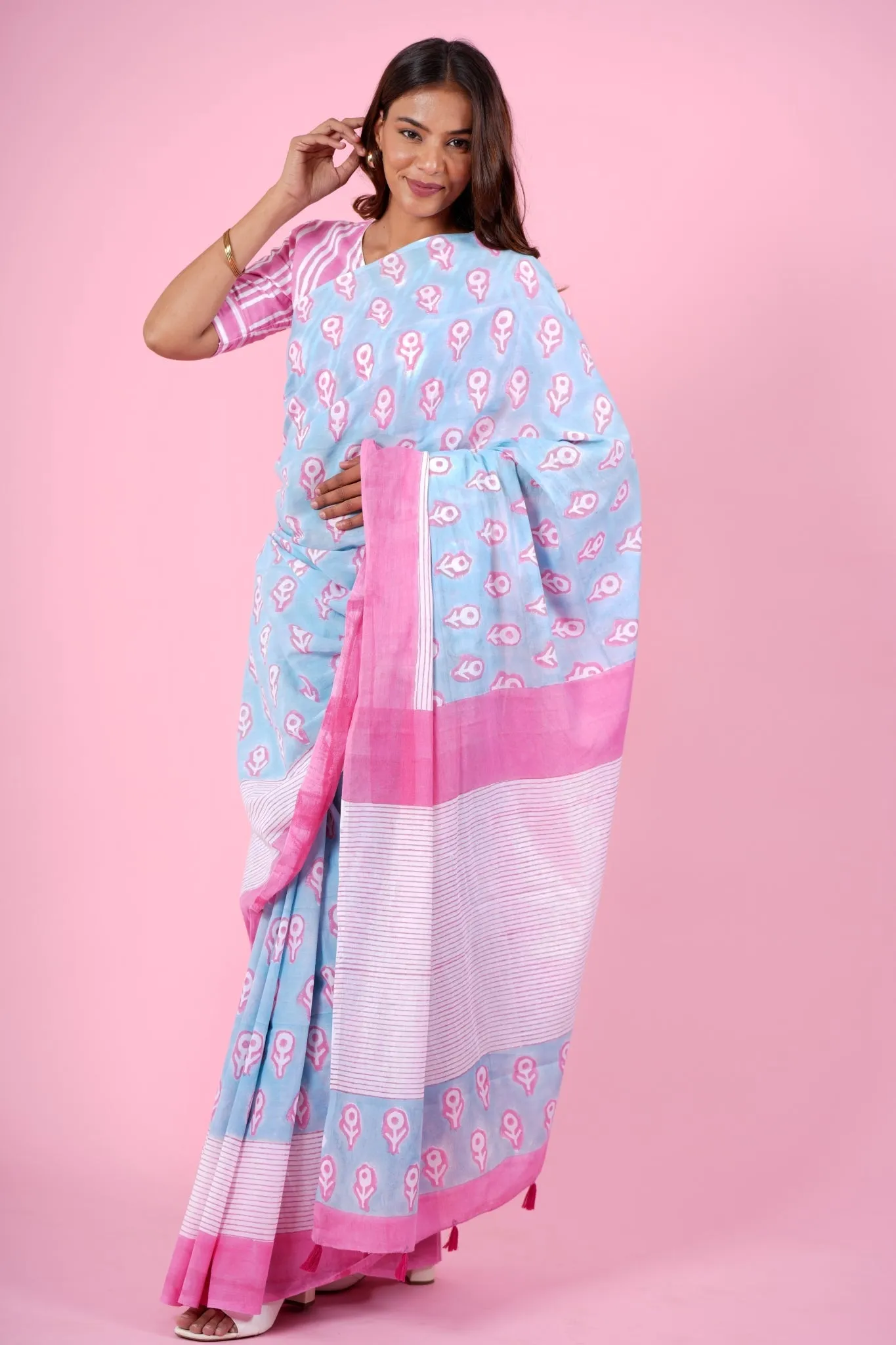 "Mandevilla Pink" HANDBLOCK PRINT MUL COTTON SAREE