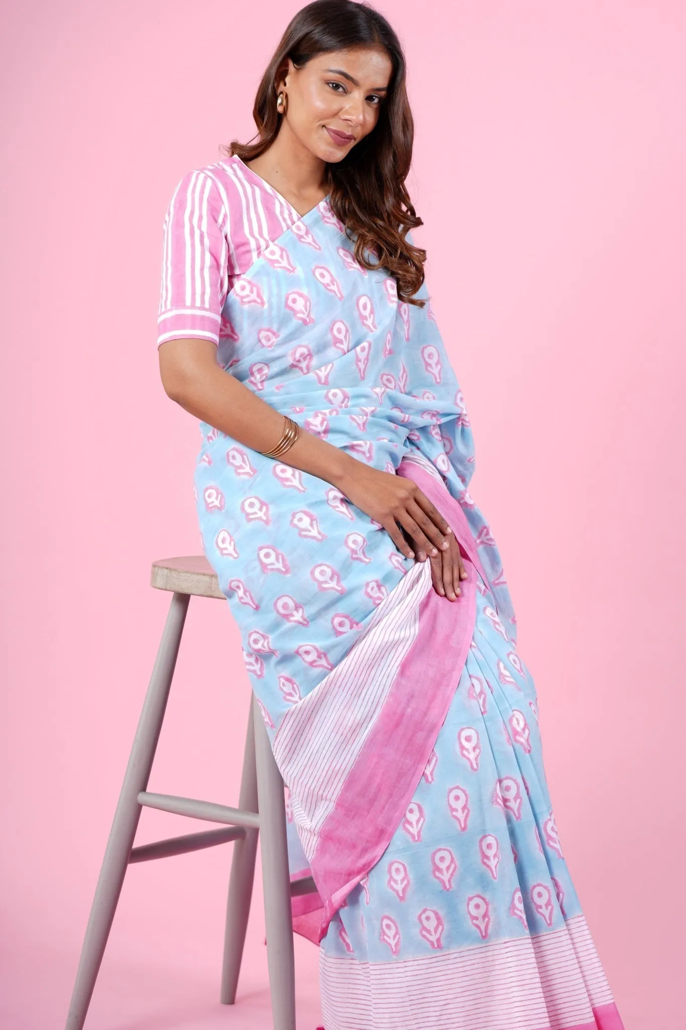 "Mandevilla Pink" HANDBLOCK PRINT MUL COTTON SAREE