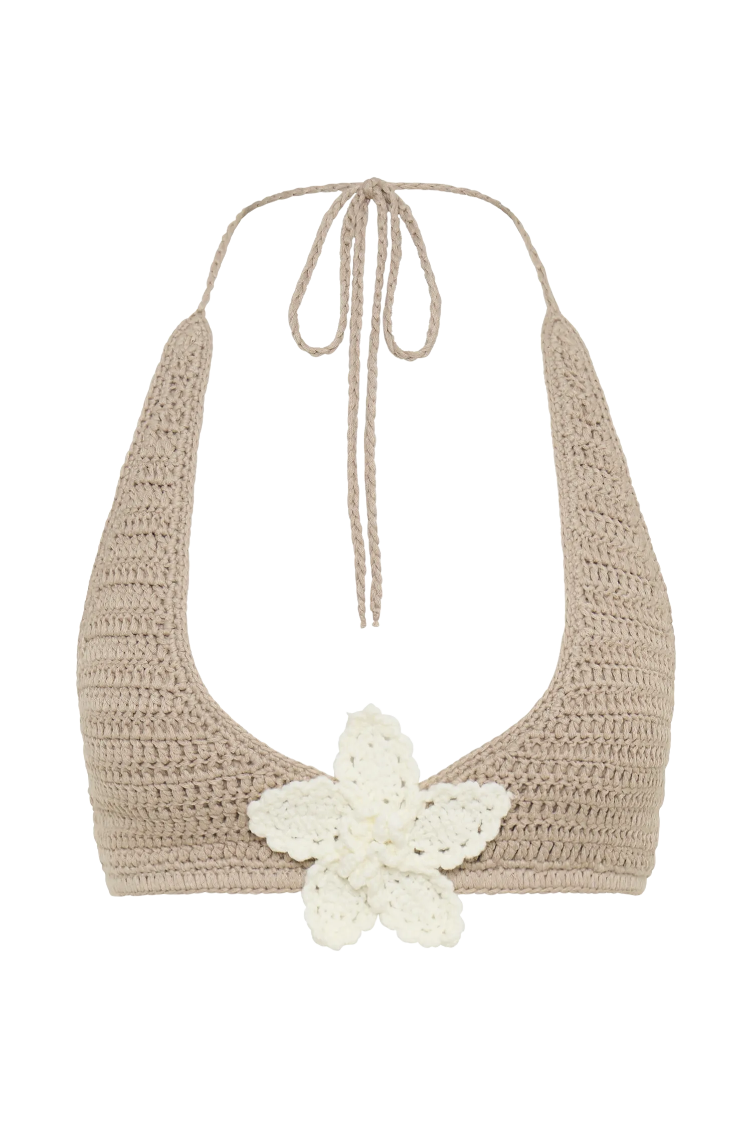 Rhiannon Floral Crochet Halter Bikini Top - Taupe/White