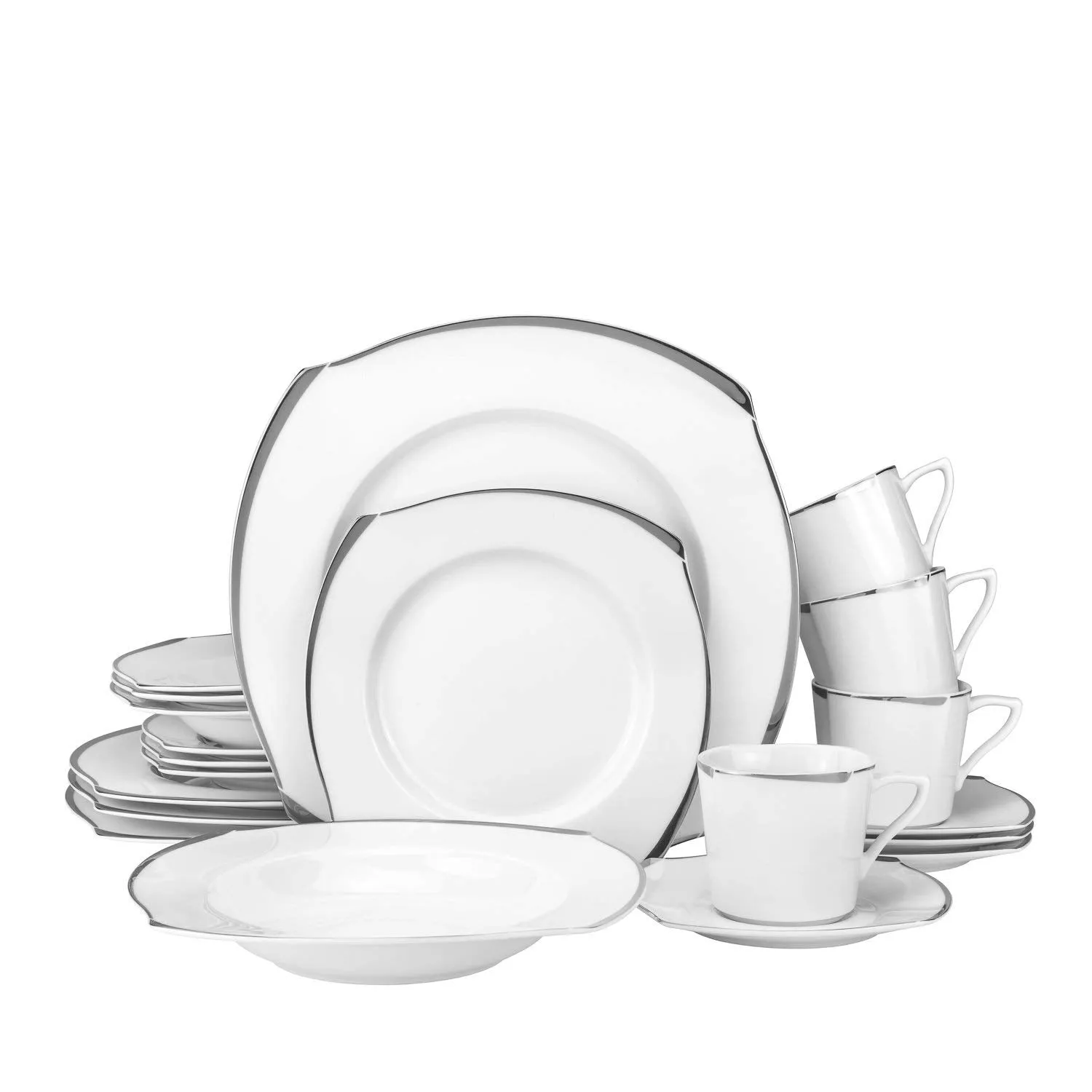Royalty Porcelain Fancy Square 20pc Dinnerware Set 'Platinum Wave', Bone China