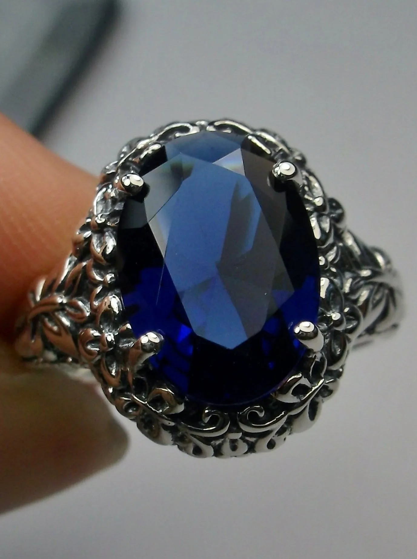 Sapphire Blue Butterfly Ring, Oval Gemstone, Art Nouveau Vintage Ring, D79