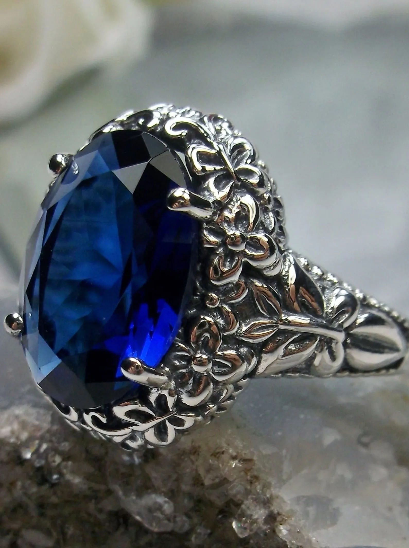 Sapphire Blue Butterfly Ring, Oval Gemstone, Art Nouveau Vintage Ring, D79