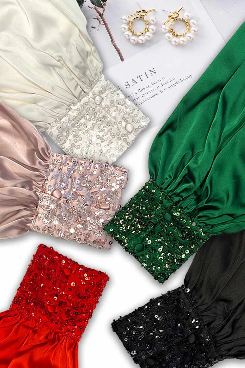 Sequin Cuff Detail Satin Blouse Top