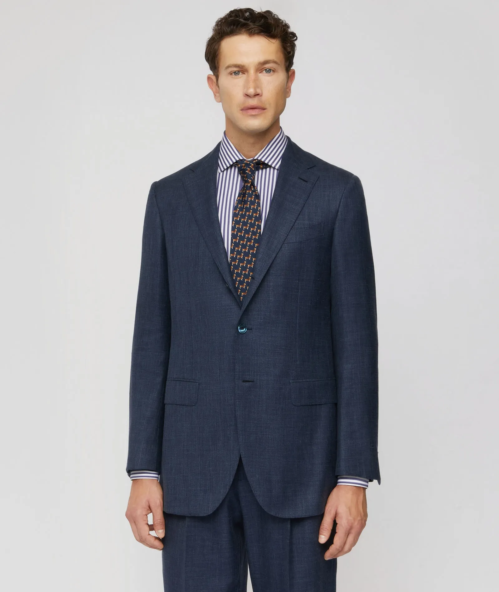 Signature suit in denim blue cashmere-silk-linen twill